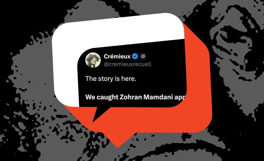 An illustration of a stylized speech bubble containing part of a tweet from the user Crémieux (@cremieuxrecueil). The tweet snippet reads: "The story is here. We caught Zohran Mamdani..."